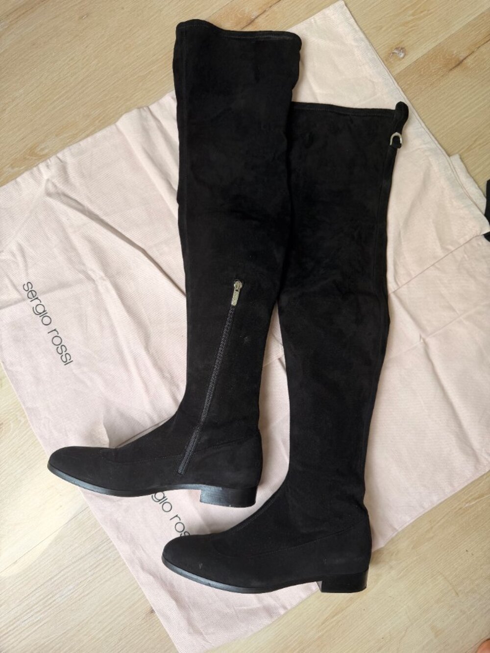Sergio Rossi Black Suede Over the Knee Flat Boots Stretch Tie Back EU 38